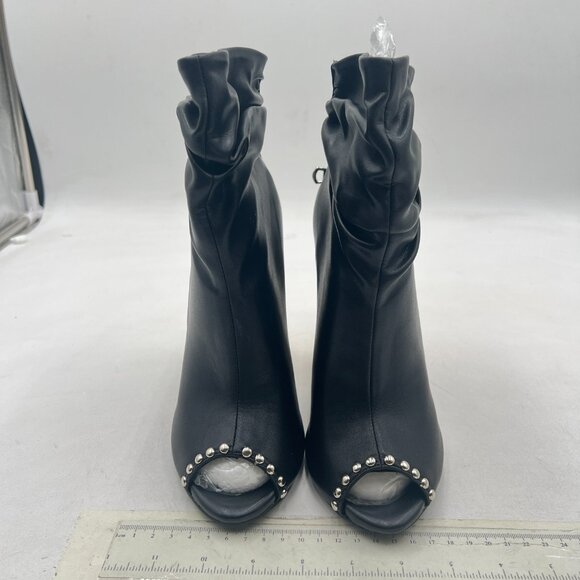 FSJ Black Stylish Peep Toe Slouch Ankle Boots Chunky Stacked Heels Crystal Shoes - Picture 3 of 8